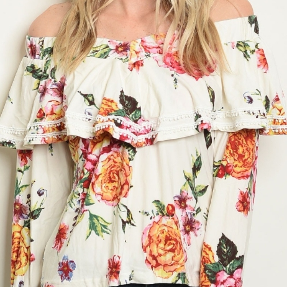 Very Soft Off Shoulder Ivory Floral Blouse - Picture 8 of 8